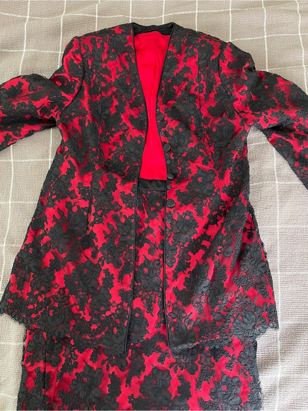 Womens Red and Black Floral Lace silk Jacket & skirt- Elegant Evening Coat